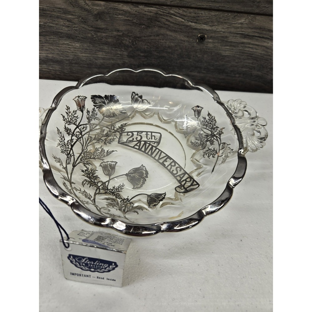25TH ANNIVERSARY Sterling SILVER OVERLAY DEPRESSION GLASS POPPY FLOWER BOWL Vtg‎